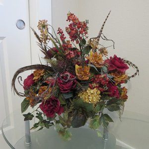 Faux Silk Mixed Floral Arrangement Flower Centerpiece In Ceramic Pedestal Vase